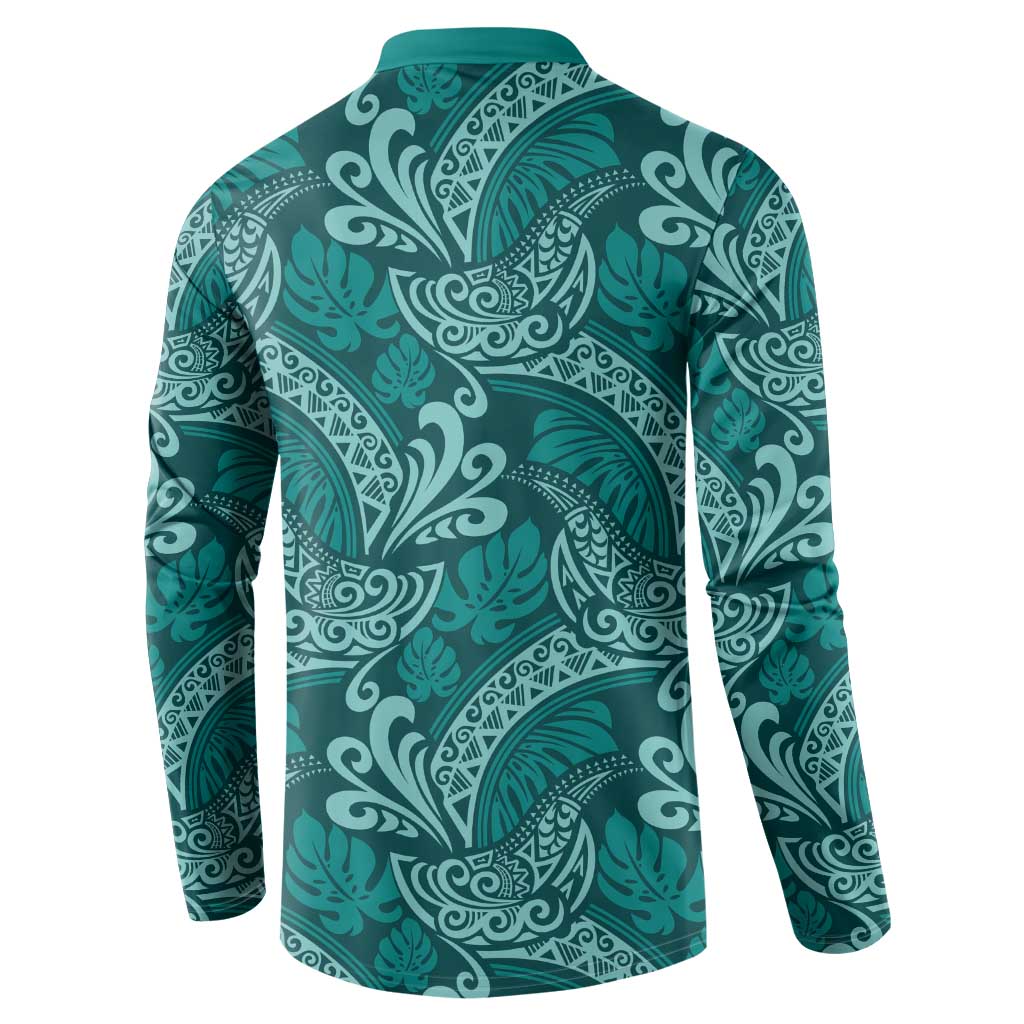 Teal Monstera Button Sweatshirt Polynesian Tribal Pattern - Polynesian Pride