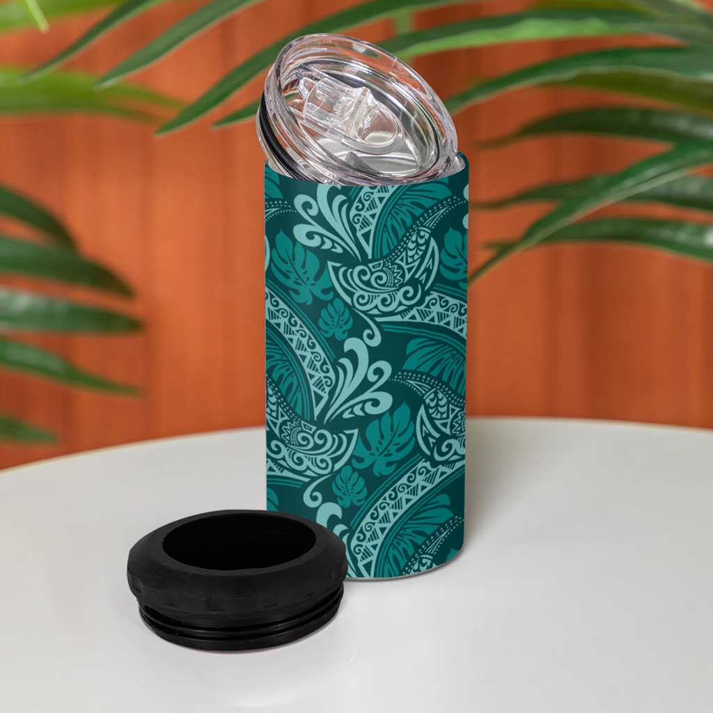 Teal Monstera 4 in 1 Can Cooler Tumbler Polynesian Tribal Pattern - Polynesian Pride