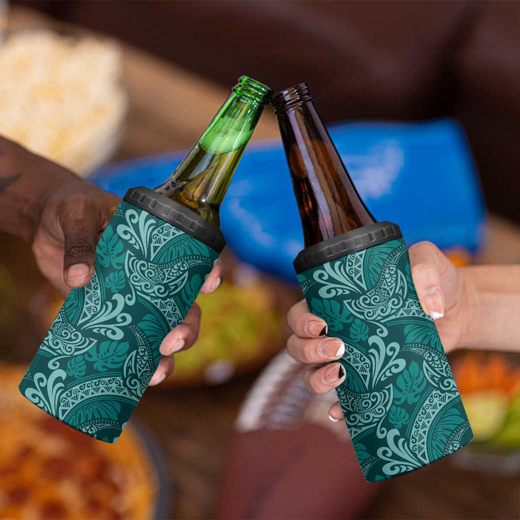 Teal Monstera 4 in 1 Can Cooler Tumbler Polynesian Tribal Pattern - Polynesian Pride