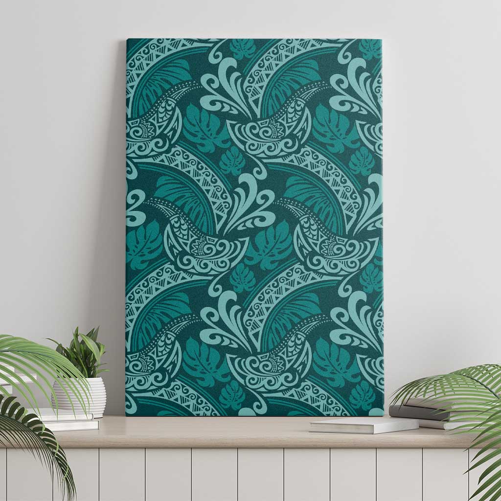 Teal Monstera Canvas Wall Art Polynesian Tribal Pattern - Polynesian Pride