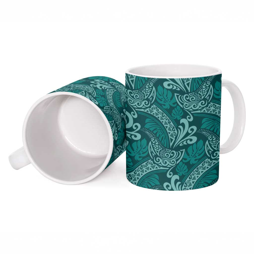 Teal Monstera Ceramic Mug Polynesian Tribal Pattern - Polynesian Pride