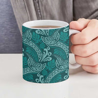 Teal Monstera Ceramic Mug Polynesian Tribal Pattern - Polynesian Pride