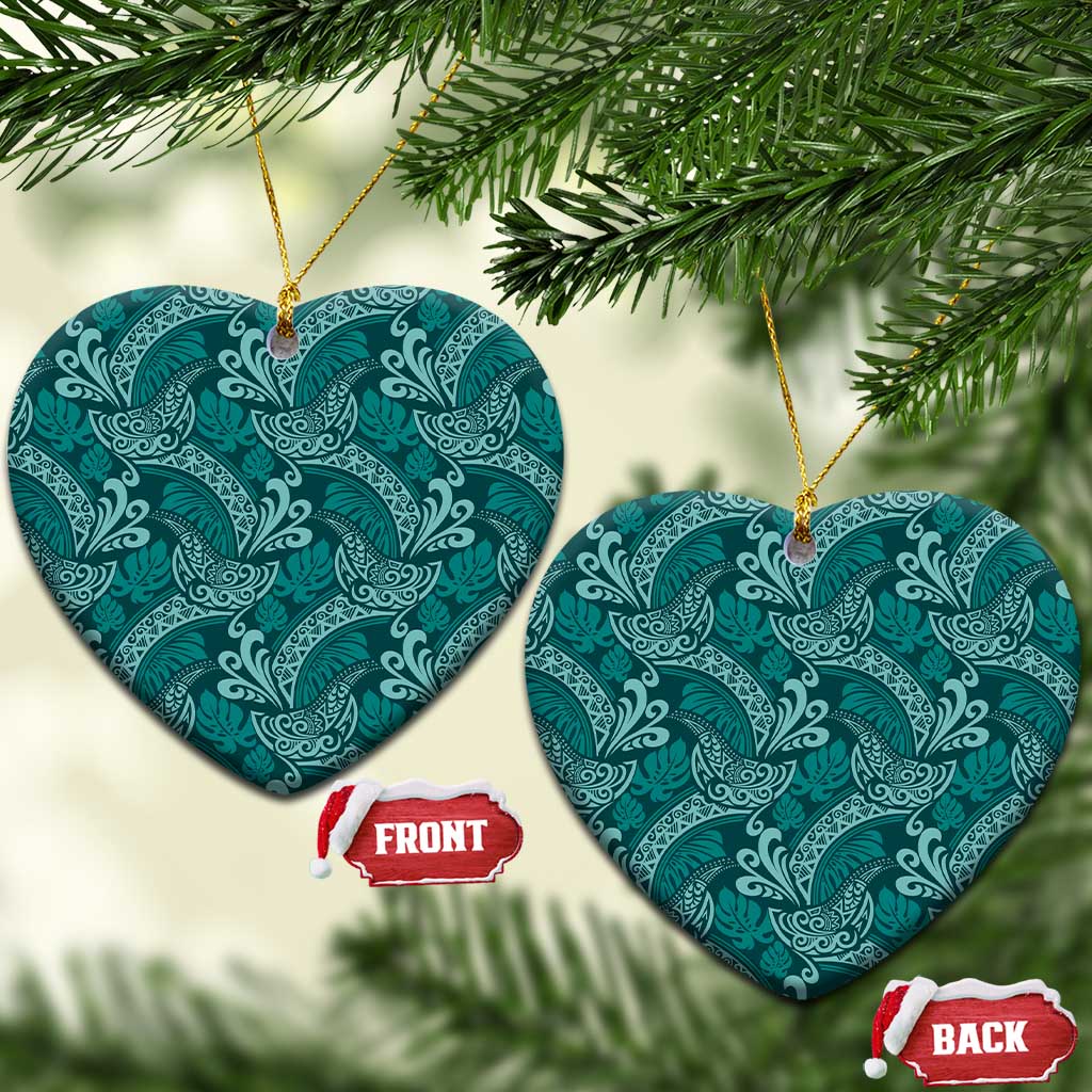 Teal Monstera Ceramic Ornament Polynesian Tribal Pattern - Polynesian Pride