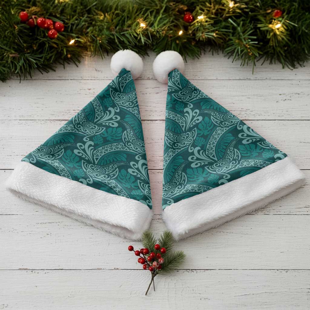 Teal Monstera Christmas Santa Hat Polynesian Tribal Pattern - Polynesian Pride