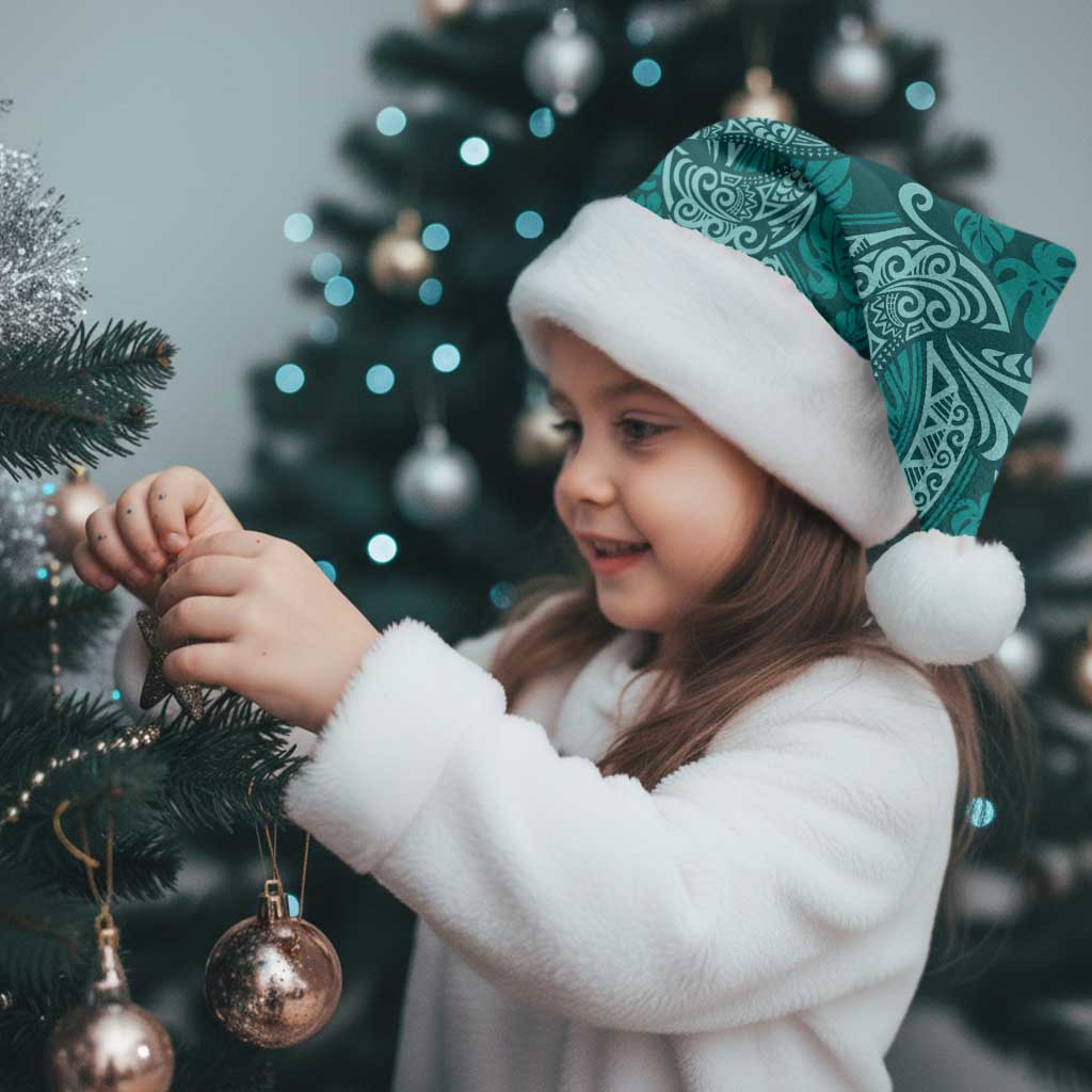 Teal Monstera Christmas Santa Hat Polynesian Tribal Pattern - Polynesian Pride