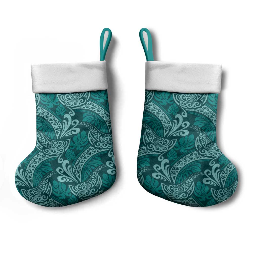 Teal Monstera Christmas Stocking Polynesian Tribal Pattern - Polynesian Pride