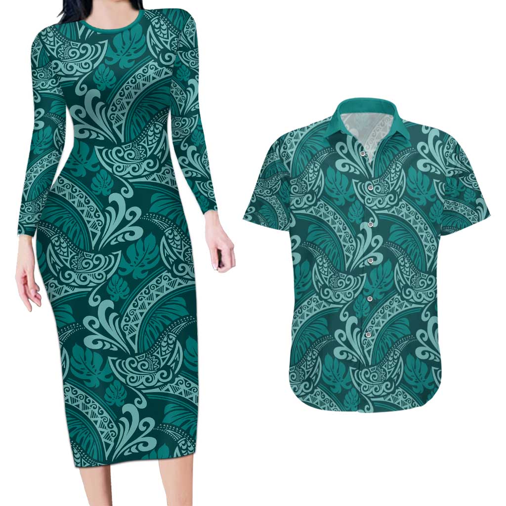 Teal Monstera Couples Matching Long Sleeve Bodycon Dress and Hawaiian Shirt Polynesian Tribal Pattern - Polynesian Pride