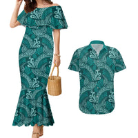 Teal Monstera Couples Matching Mermaid Dress and Hawaiian Shirt Polynesian Tribal Pattern - Polynesian Pride
