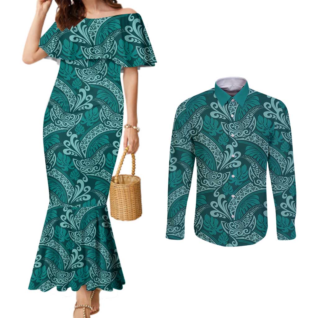 Teal Monstera Couples Matching Mermaid Dress and Long Sleeve Button Shirt Polynesian Tribal Pattern - Polynesian Pride