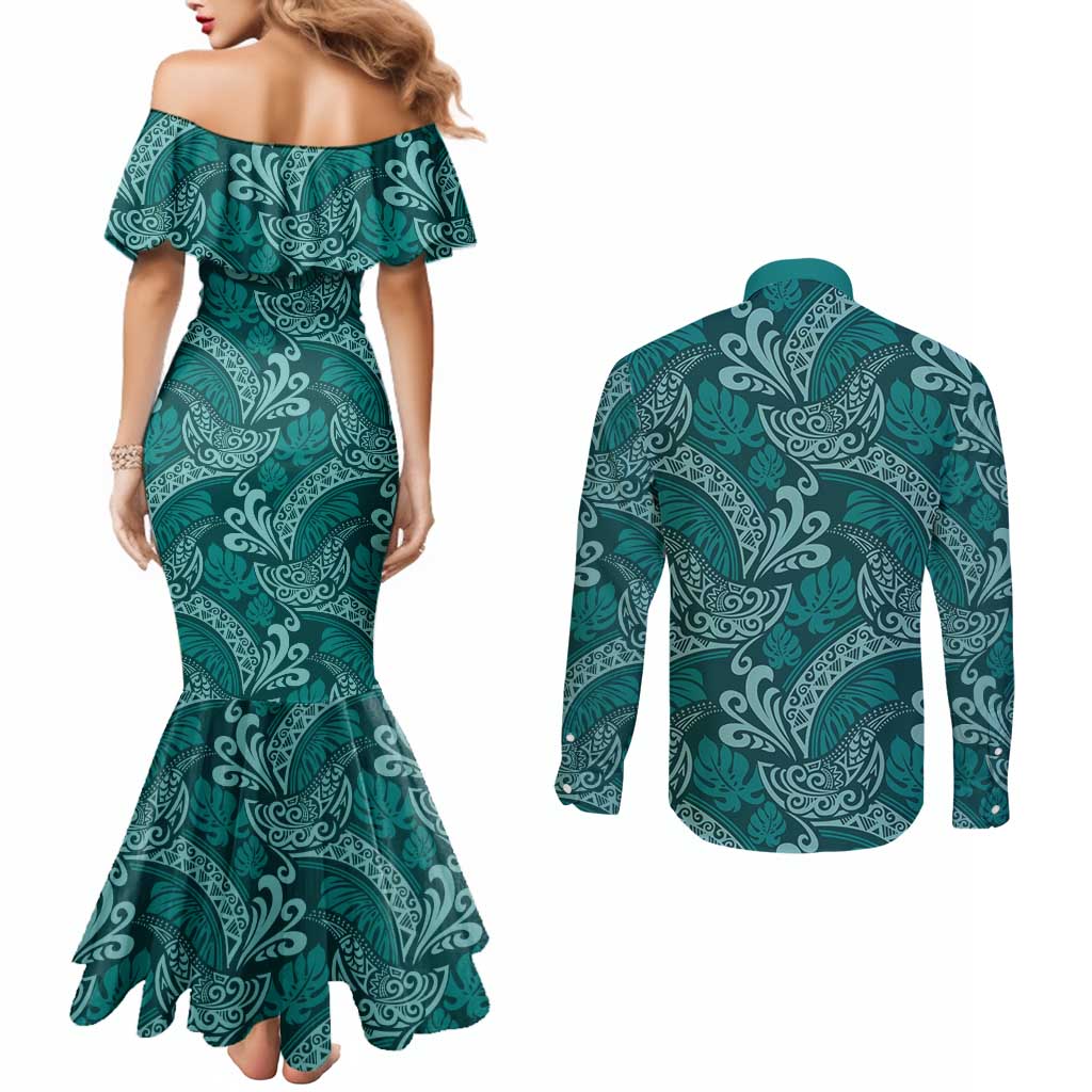 Teal Monstera Couples Matching Mermaid Dress and Long Sleeve Button Shirt Polynesian Tribal Pattern - Polynesian Pride