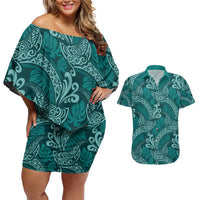 Teal Monstera Couples Matching Off Shoulder Short Dress and Hawaiian Shirt Polynesian Tribal Pattern - Polynesian Pride