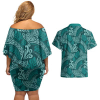Teal Monstera Couples Matching Off Shoulder Short Dress and Hawaiian Shirt Polynesian Tribal Pattern - Polynesian Pride