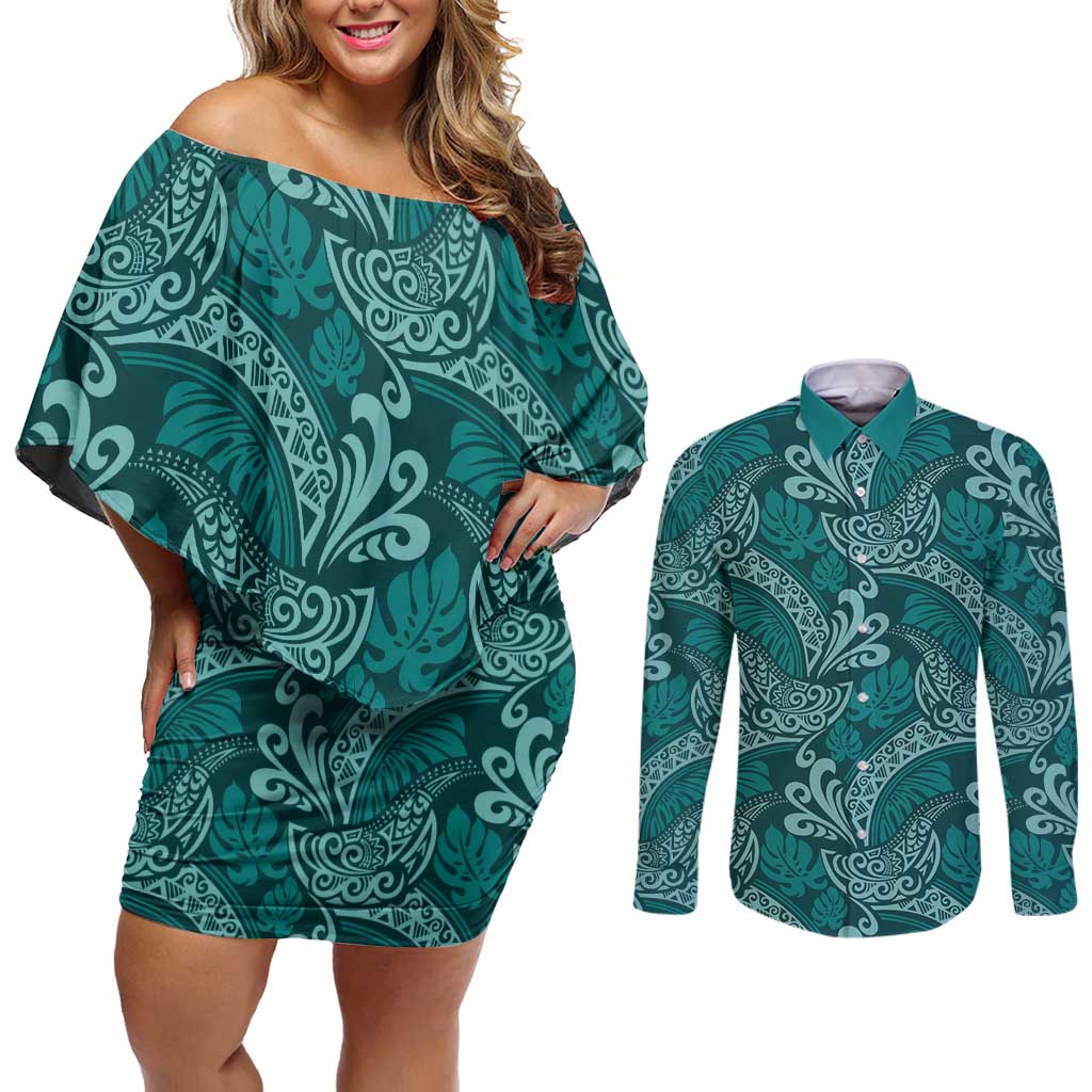 Teal Monstera Couples Matching Off Shoulder Short Dress and Long Sleeve Button Shirt Polynesian Tribal Pattern - Polynesian Pride