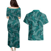 Teal Monstera Couples Matching Puletasi and Hawaiian Shirt Polynesian Tribal Pattern - Polynesian Pride