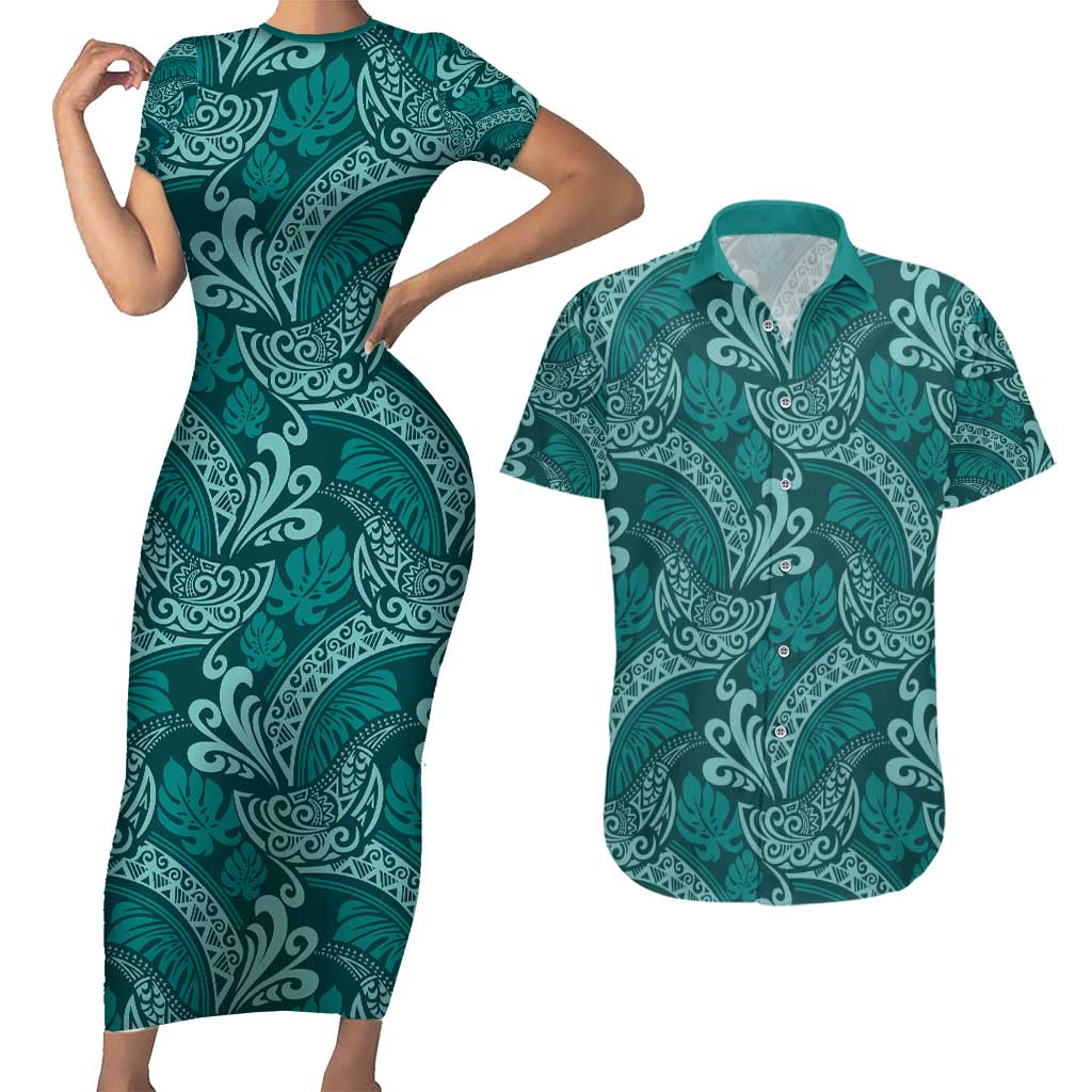 Teal Monstera Couples Matching Short Sleeve Bodycon Dress and Hawaiian Shirt Polynesian Tribal Pattern - Polynesian Pride