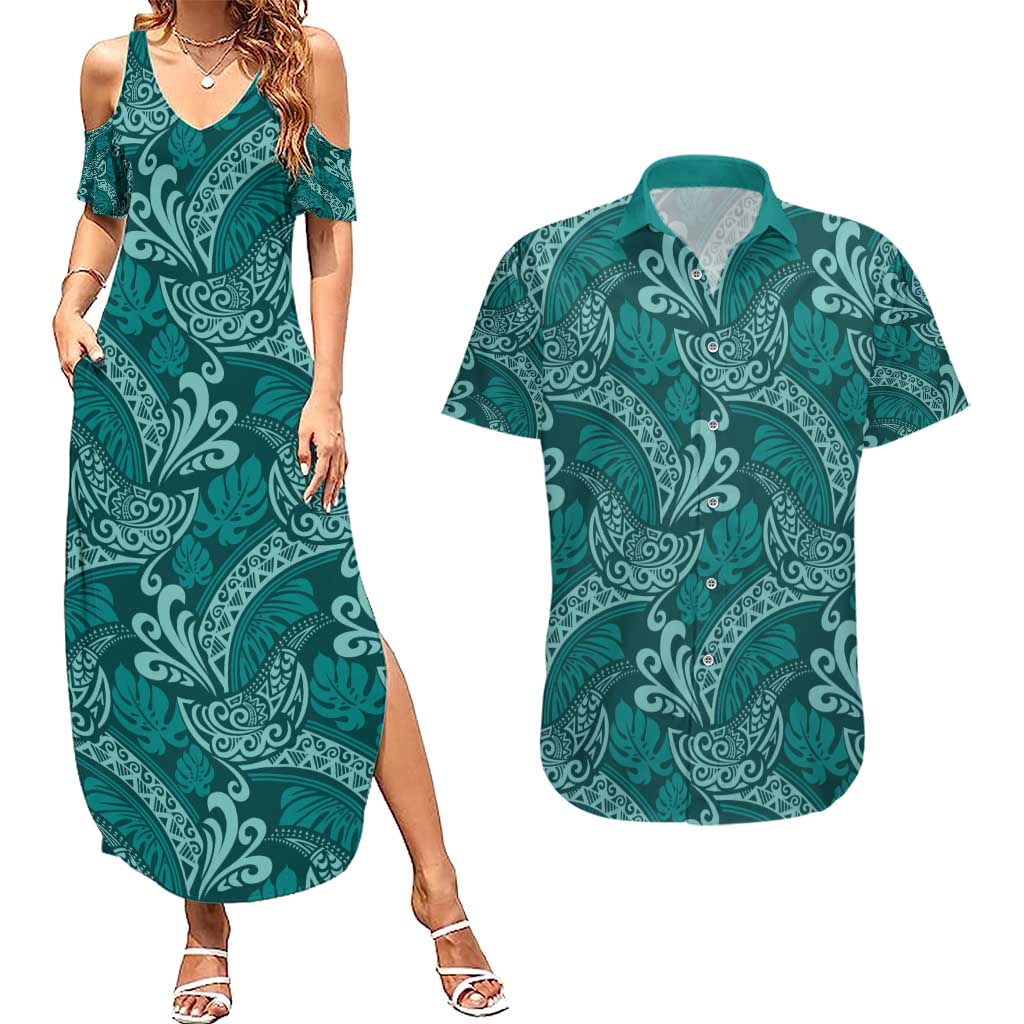 Teal Monstera Couples Matching Summer Maxi Dress and Hawaiian Shirt Polynesian Tribal Pattern - Polynesian Pride