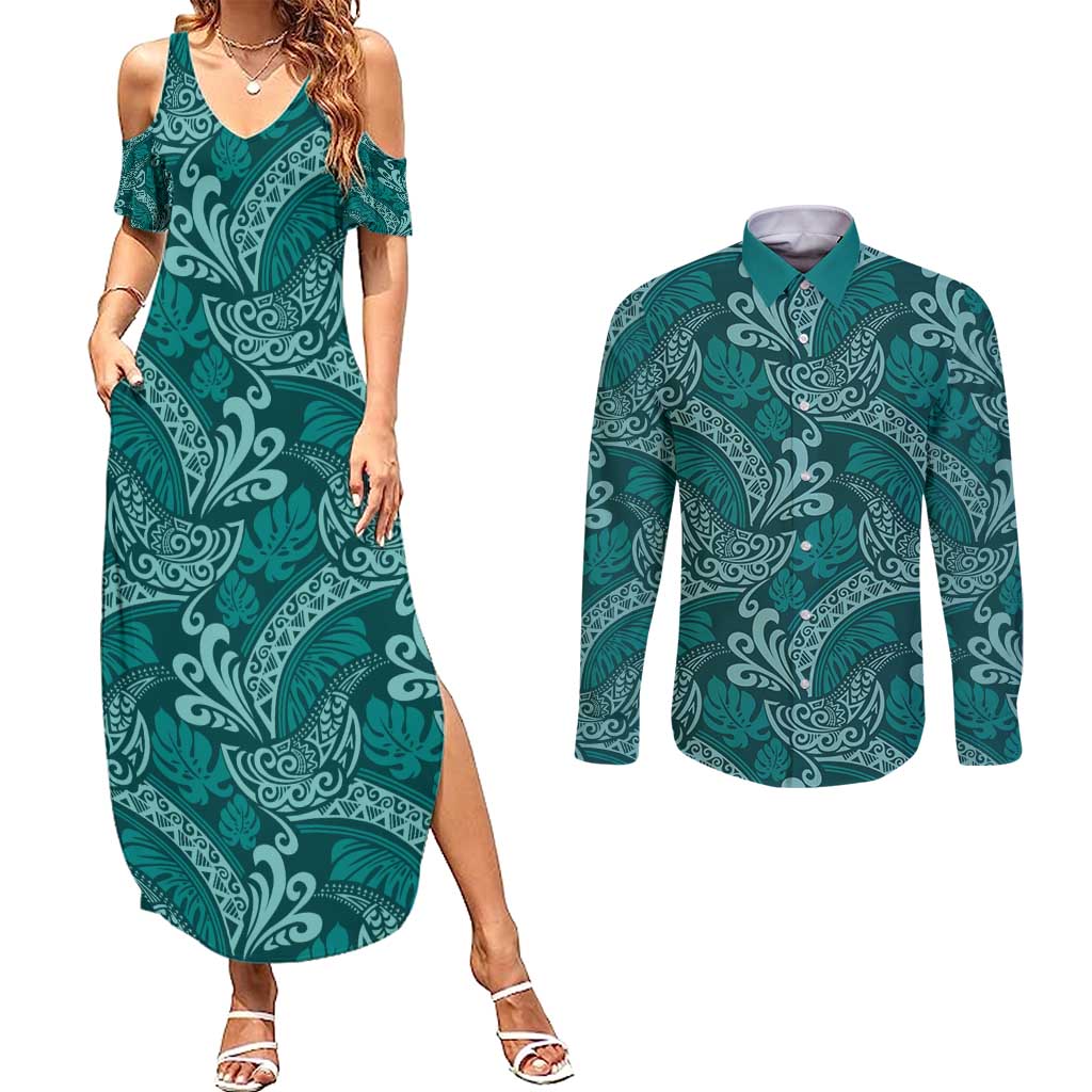 Teal Monstera Couples Matching Summer Maxi Dress and Long Sleeve Button Shirt Polynesian Tribal Pattern - Polynesian Pride