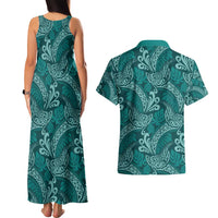 Teal Monstera Couples Matching Tank Maxi Dress and Hawaiian Shirt Polynesian Tribal Pattern - Polynesian Pride