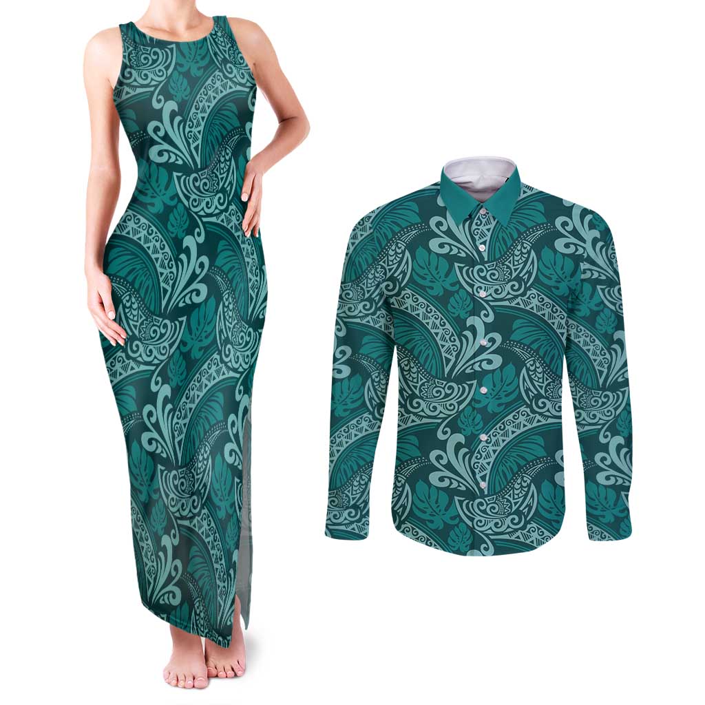 Teal Monstera Couples Matching Tank Maxi Dress and Long Sleeve Button Shirt Polynesian Tribal Pattern - Polynesian Pride