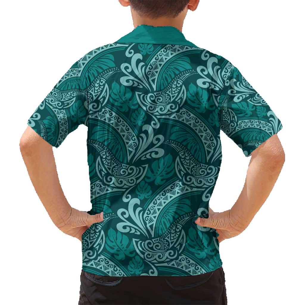 Teal Monstera Family Matching Long Sleeve Bodycon Dress and Hawaiian Shirt Polynesian Tribal Pattern - Polynesian Pride