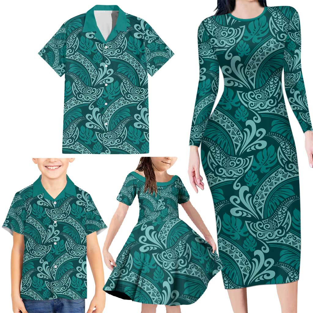 Teal Monstera Family Matching Long Sleeve Bodycon Dress and Hawaiian Shirt Polynesian Tribal Pattern - Polynesian Pride
