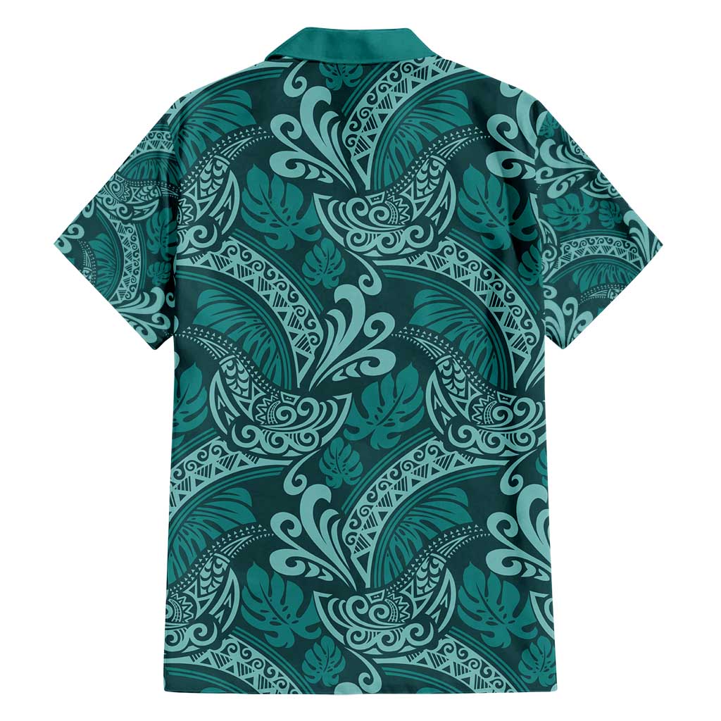 Teal Monstera Family Matching Long Sleeve Bodycon Dress and Hawaiian Shirt Polynesian Tribal Pattern - Polynesian Pride