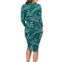 Teal Monstera Family Matching Long Sleeve Bodycon Dress and Hawaiian Shirt Polynesian Tribal Pattern - Polynesian Pride