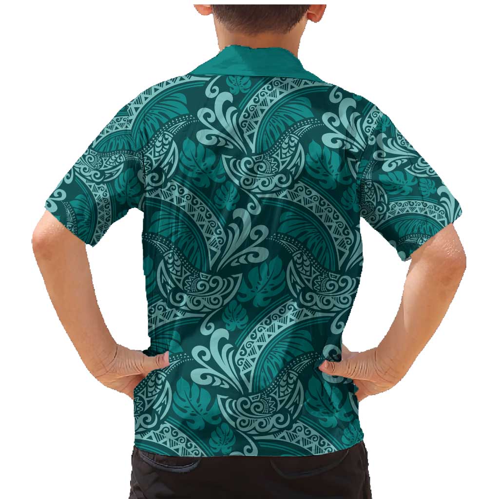 Teal Monstera Family Matching Mermaid Dress and Hawaiian Shirt Polynesian Tribal Pattern - Polynesian Pride