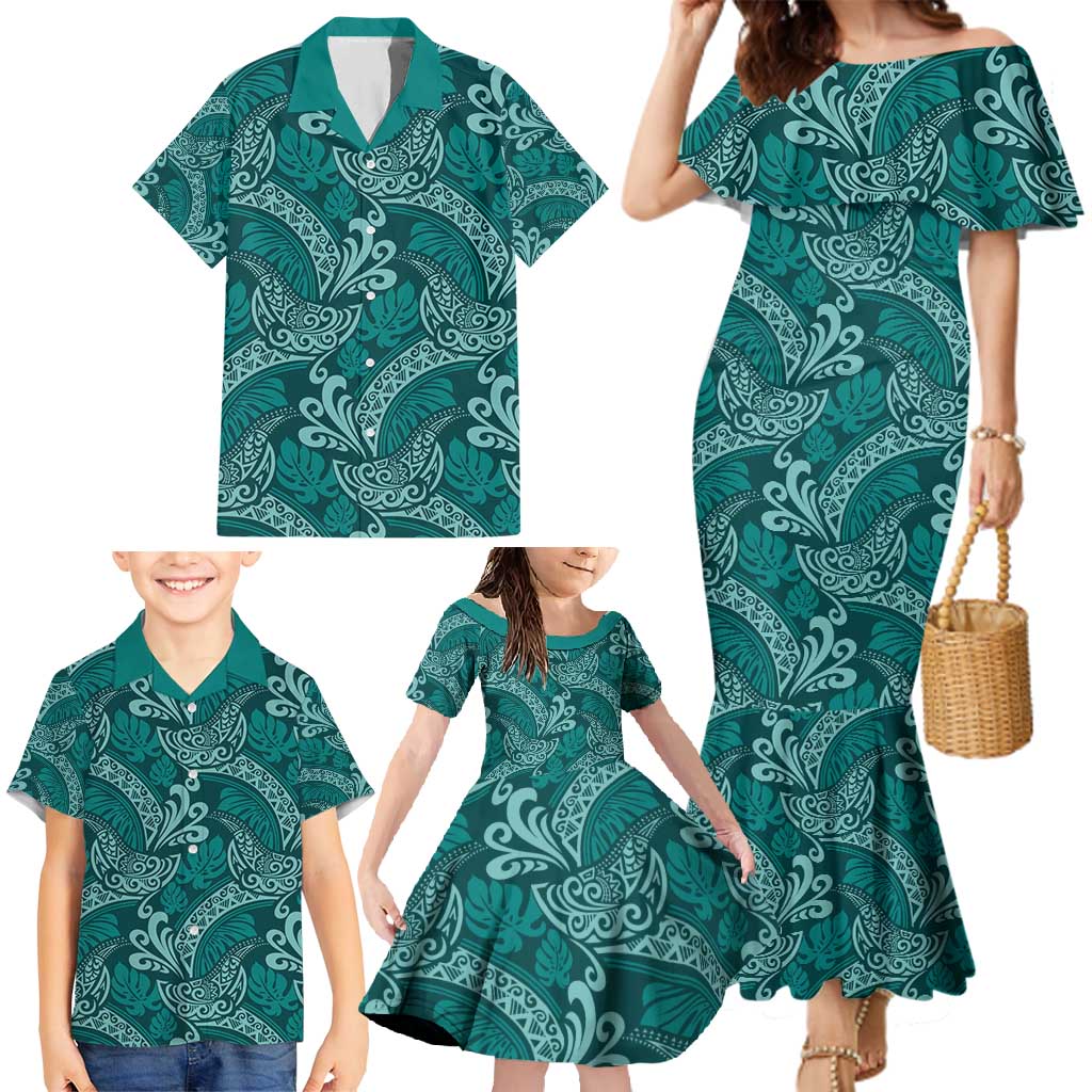 Teal Monstera Family Matching Mermaid Dress and Hawaiian Shirt Polynesian Tribal Pattern - Polynesian Pride