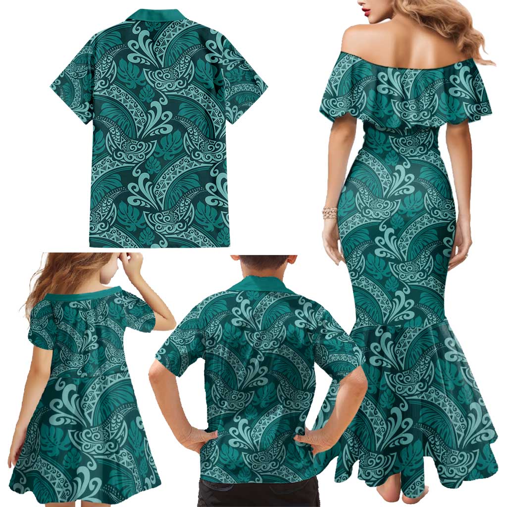 Teal Monstera Family Matching Mermaid Dress and Hawaiian Shirt Polynesian Tribal Pattern - Polynesian Pride