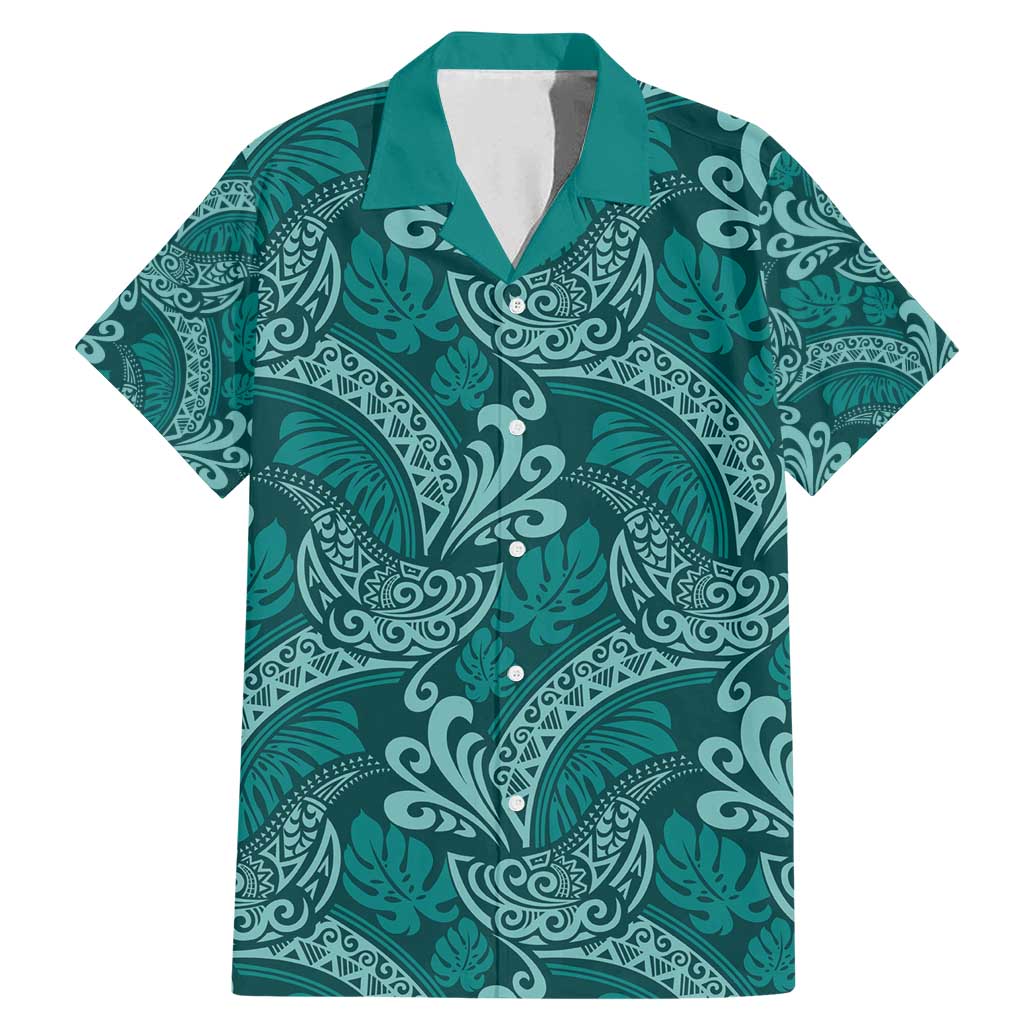 Teal Monstera Family Matching Mermaid Dress and Hawaiian Shirt Polynesian Tribal Pattern - Polynesian Pride