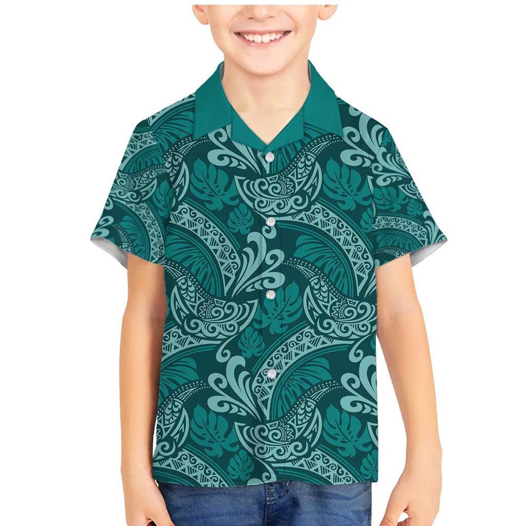 Teal Monstera Family Matching Mermaid Dress and Hawaiian Shirt Polynesian Tribal Pattern - Polynesian Pride