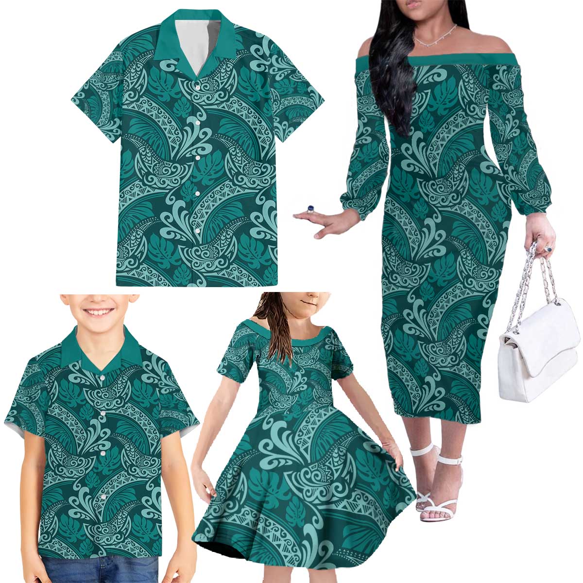 Teal Monstera Family Matching Off The Shoulder Long Sleeve Dress and Hawaiian Shirt Polynesian Tribal Pattern - Polynesian Pride