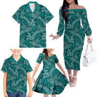 Teal Monstera Family Matching Off The Shoulder Long Sleeve Dress and Hawaiian Shirt Polynesian Tribal Pattern - Polynesian Pride