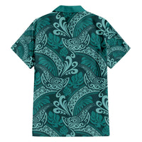 Teal Monstera Family Matching Off The Shoulder Long Sleeve Dress and Hawaiian Shirt Polynesian Tribal Pattern - Polynesian Pride