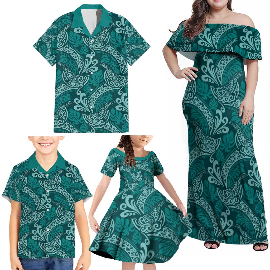 Teal Monstera Family Matching Off Shoulder Maxi Dress and Hawaiian Shirt Polynesian Tribal Pattern - Polynesian Pride