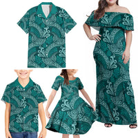 Teal Monstera Family Matching Off Shoulder Maxi Dress and Hawaiian Shirt Polynesian Tribal Pattern - Polynesian Pride