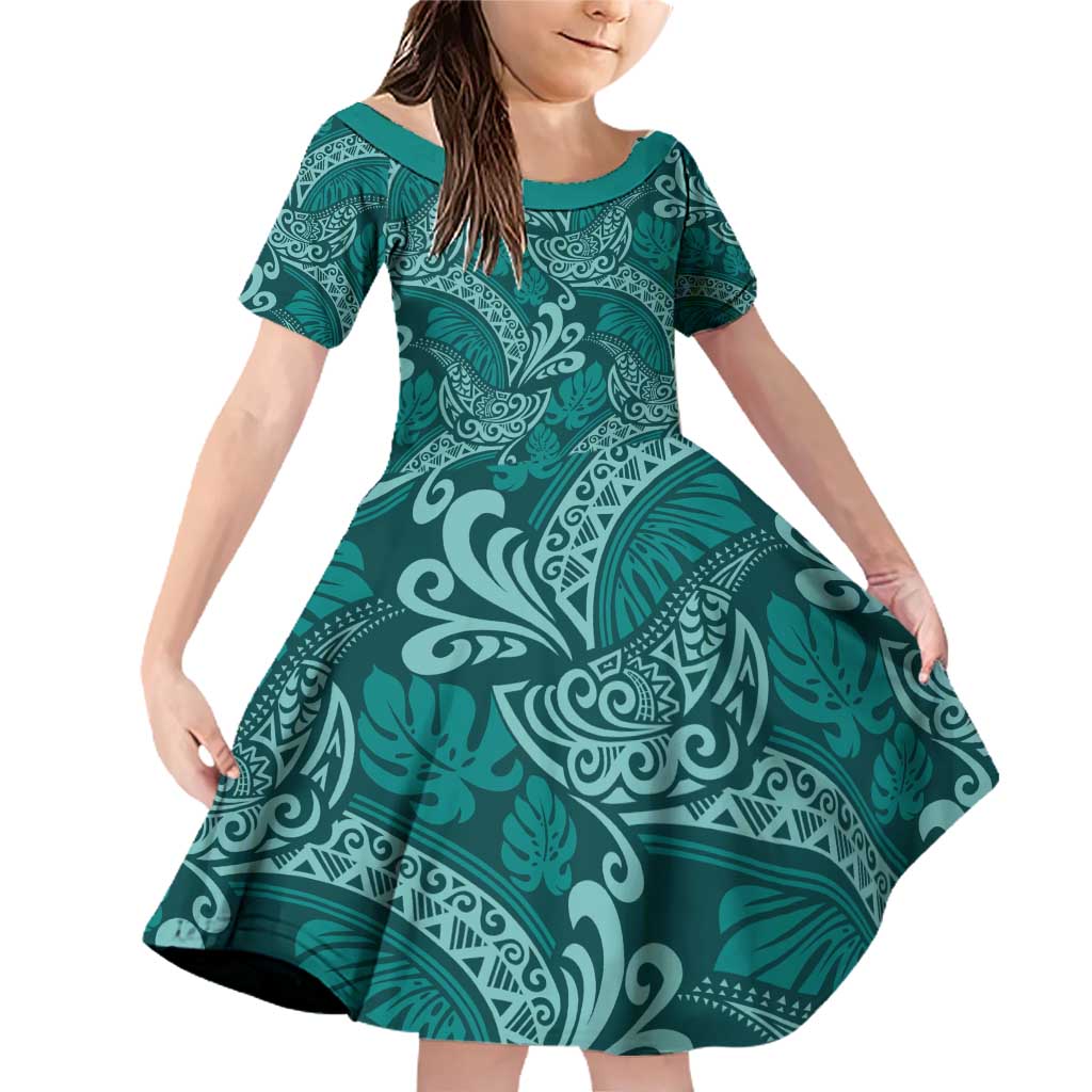 Teal Monstera Family Matching Off Shoulder Short Dress and Hawaiian Shirt Polynesian Tribal Pattern - Polynesian Pride