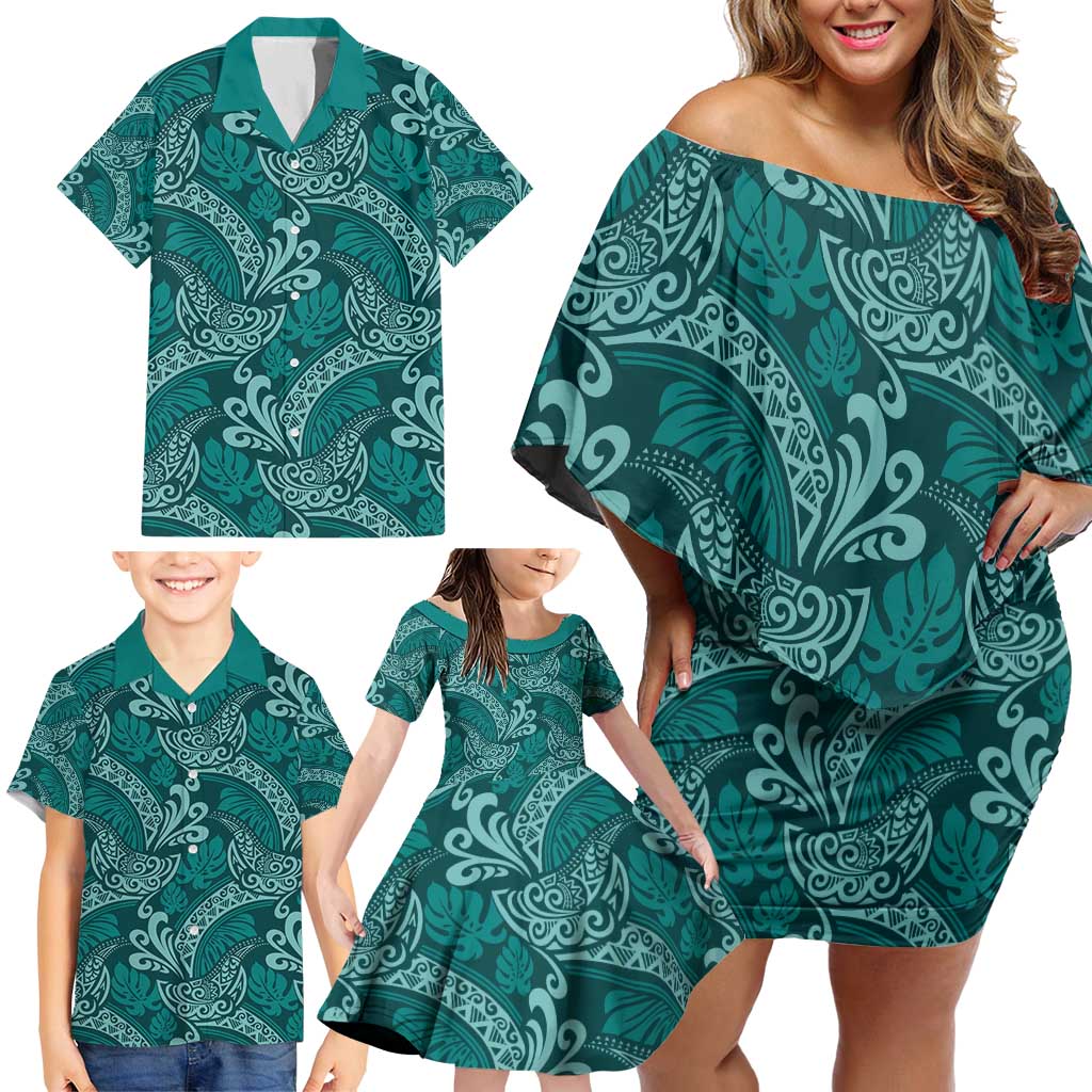 Teal Monstera Family Matching Off Shoulder Short Dress and Hawaiian Shirt Polynesian Tribal Pattern - Polynesian Pride