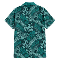 Teal Monstera Family Matching Off Shoulder Short Dress and Hawaiian Shirt Polynesian Tribal Pattern - Polynesian Pride