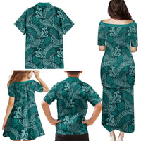Teal Monstera Family Matching Puletasi and Hawaiian Shirt Polynesian Tribal Pattern - Polynesian Pride