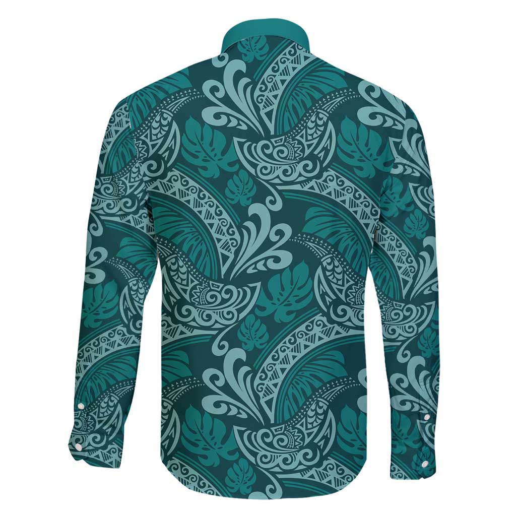 Teal Monstera Family Matching Short Sleeve Bodycon Dress and Hawaiian Shirt Polynesian Tribal Pattern - Polynesian Pride