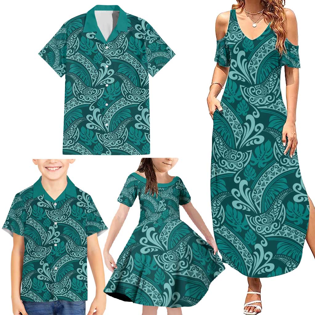 Teal Monstera Family Matching Summer Maxi Dress and Hawaiian Shirt Polynesian Tribal Pattern - Polynesian Pride