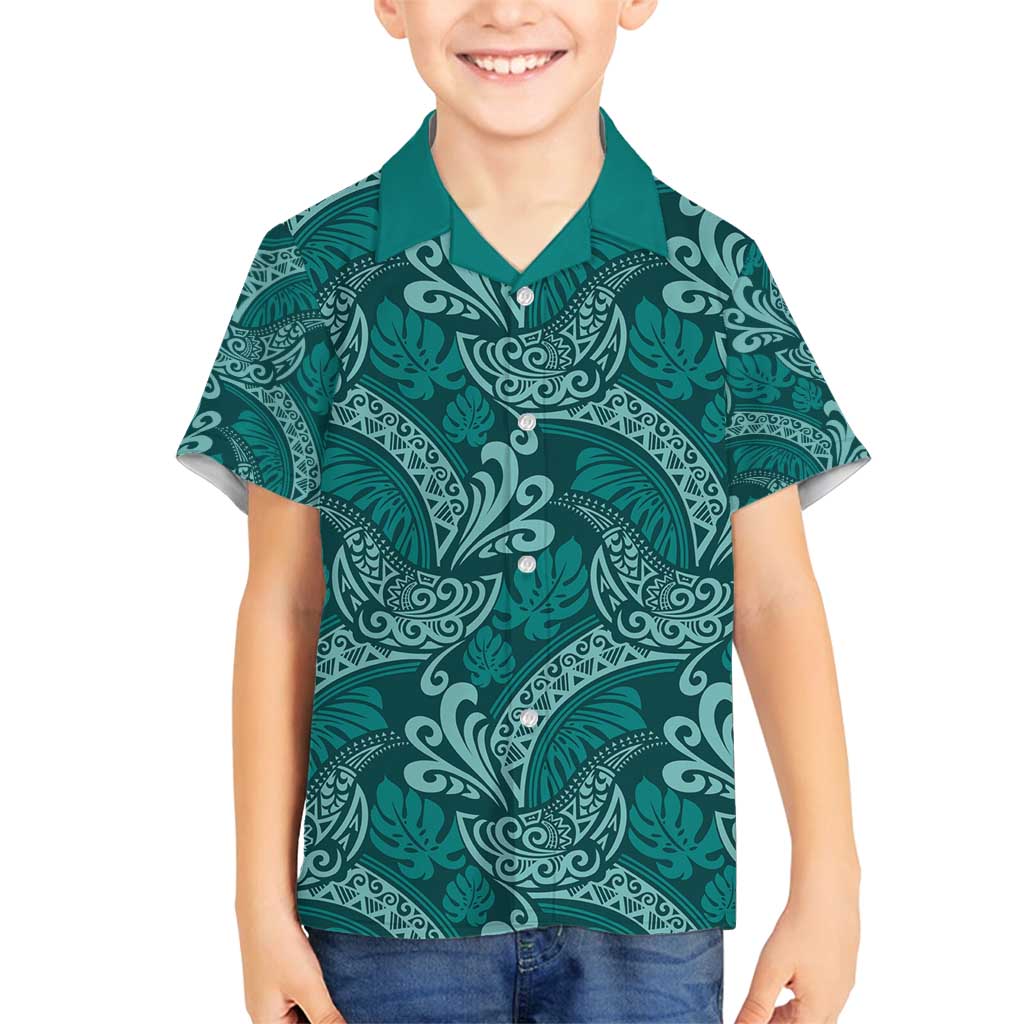 Teal Monstera Family Matching Summer Maxi Dress and Hawaiian Shirt Polynesian Tribal Pattern - Polynesian Pride