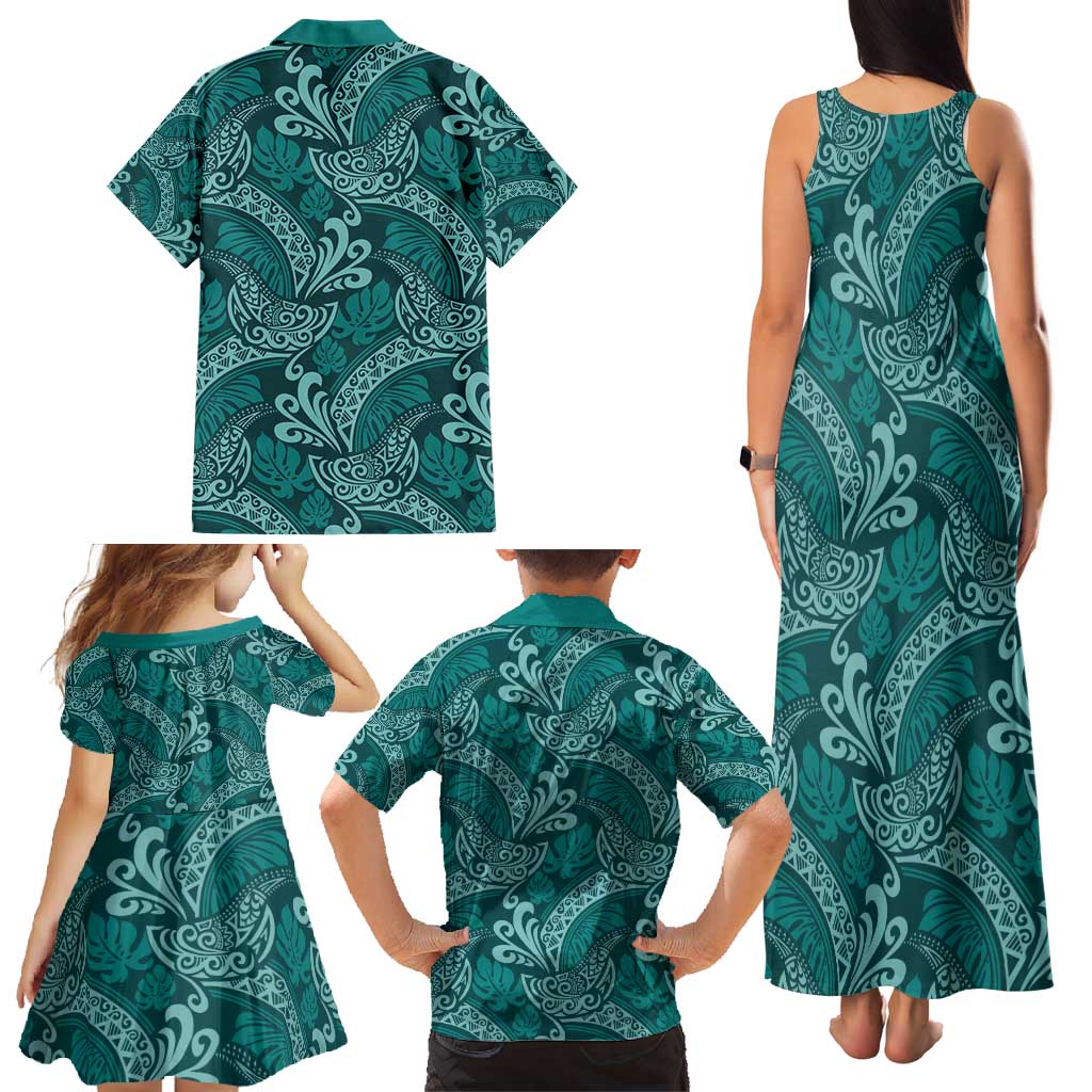 Teal Monstera Family Matching Tank Maxi Dress and Hawaiian Shirt Polynesian Tribal Pattern - Polynesian Pride
