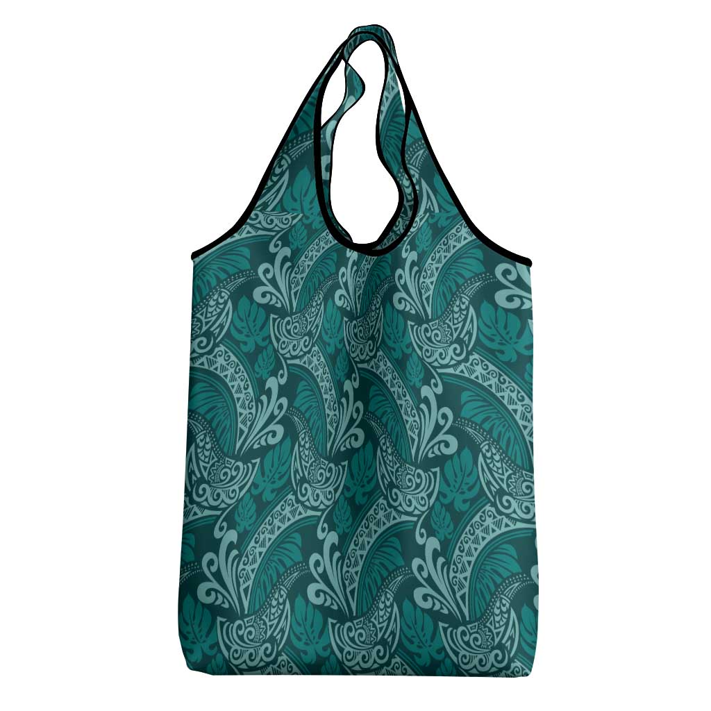 Teal Monstera Grocery Bag Polynesian Tribal Pattern - Polynesian Pride