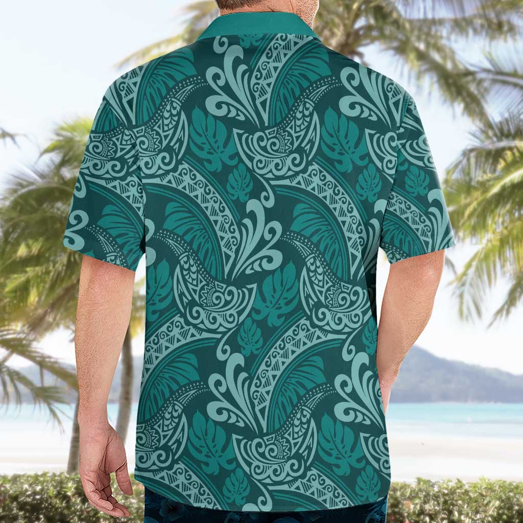 Teal Monstera Hawaiian Shirt Polynesian Tribal Pattern - Polynesian Pride