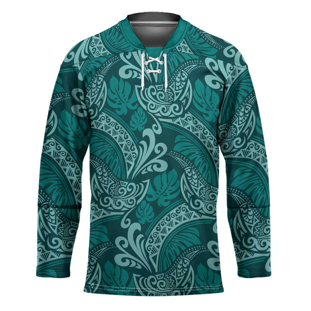 Teal Monstera Hockey Jersey Polynesian Tribal Pattern - Polynesian Pride