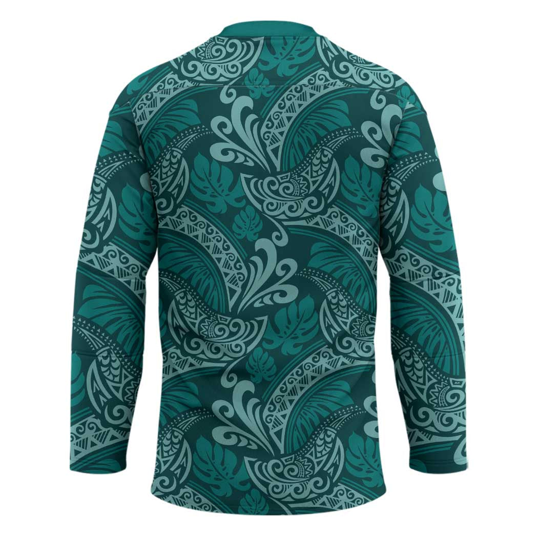 Teal Monstera Hockey Jersey Polynesian Tribal Pattern - Polynesian Pride