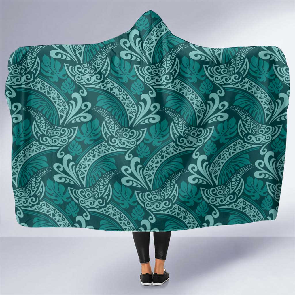 Teal Monstera Hooded Blanket Polynesian Tribal Pattern - Polynesian Pride